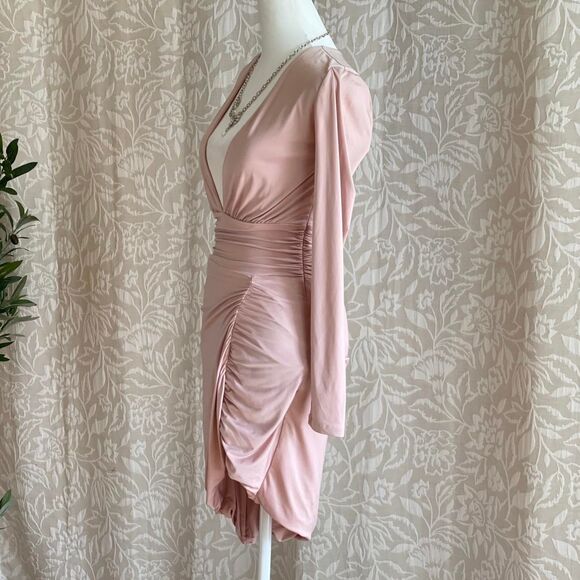 NBD Coco Mini Dress Ruched Light Pink Deep V Ballerinacore Glam‎ Romantic Sz XS - Picture 4 of 7